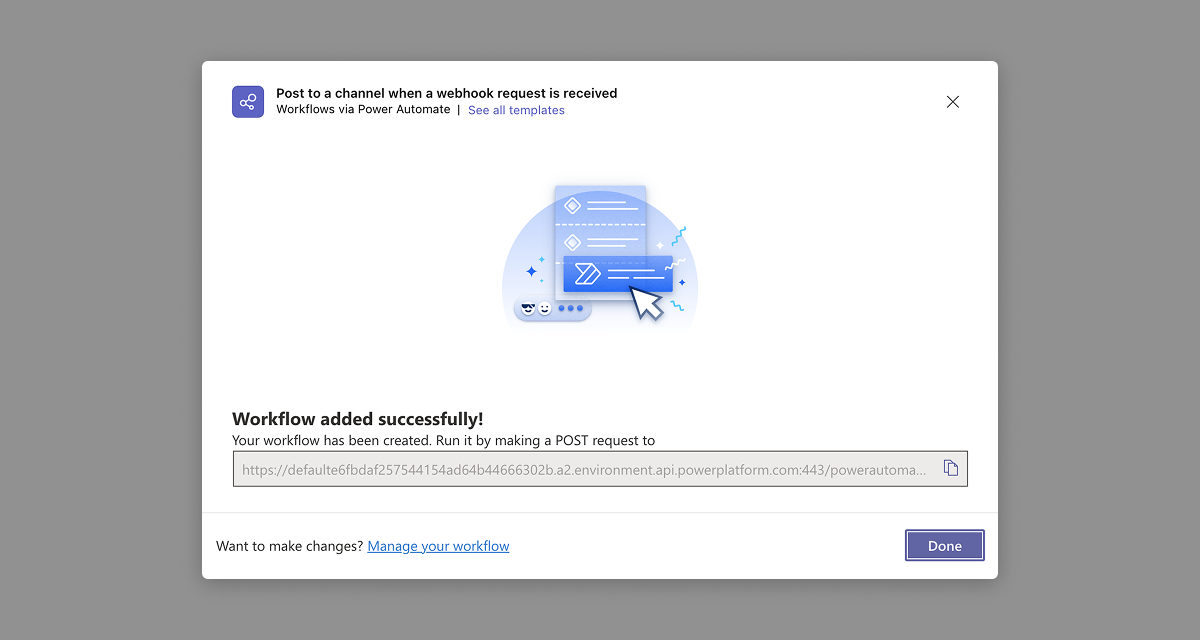 Microsoft Teams Workflows Success Dialog