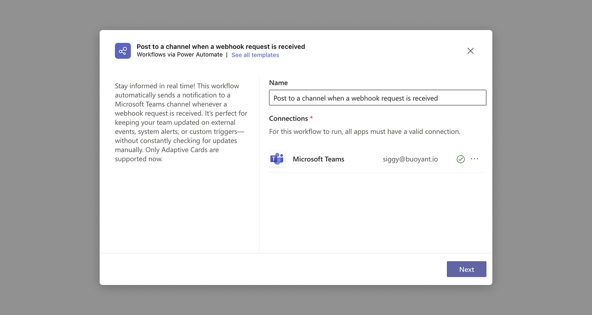 Microsoft Teams Workflows Connections Dialog