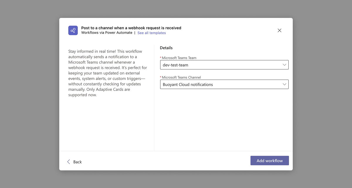 Microsoft Teams Workflows Details Dialog