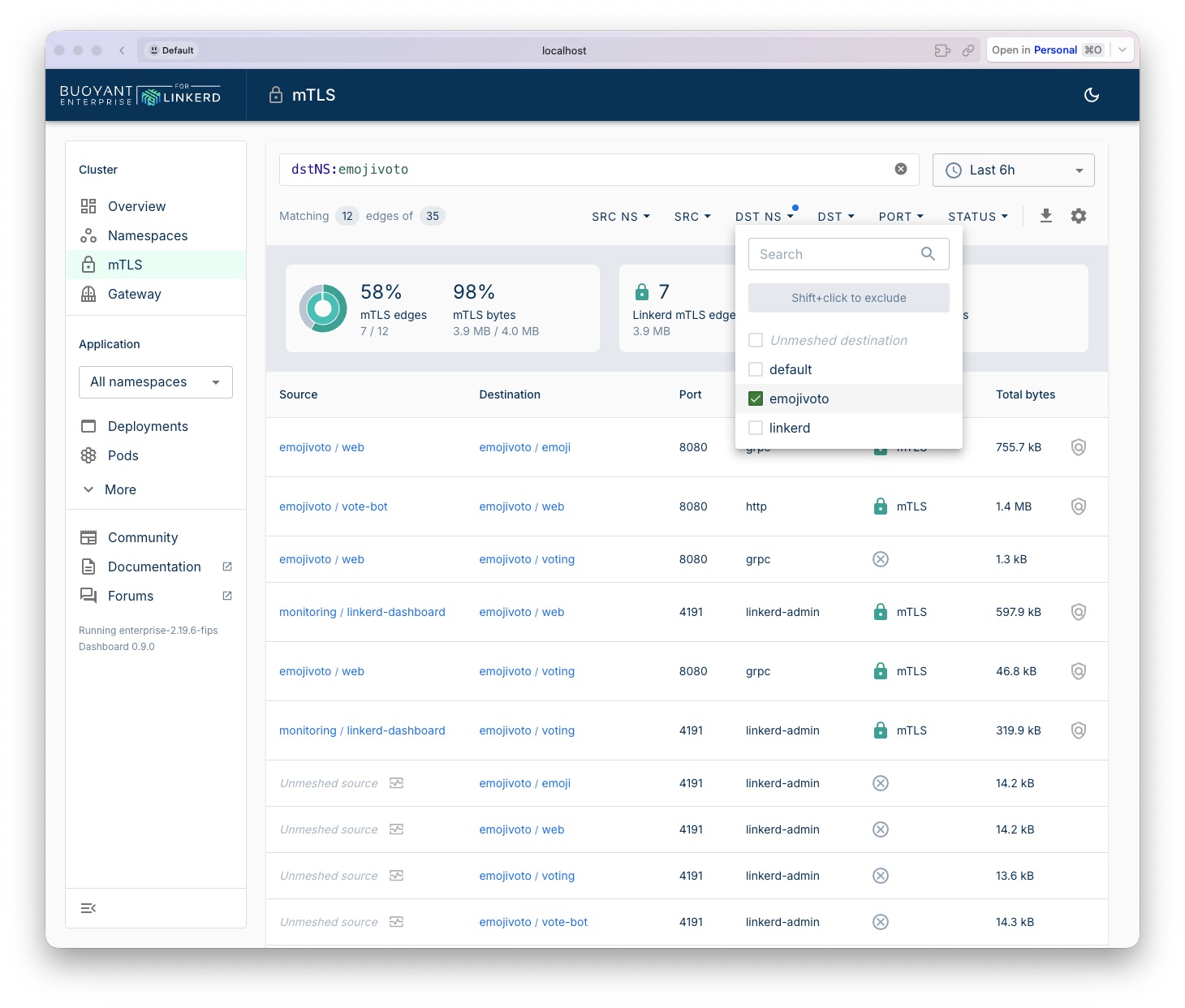 Dashboard mTLS Filter Menu
